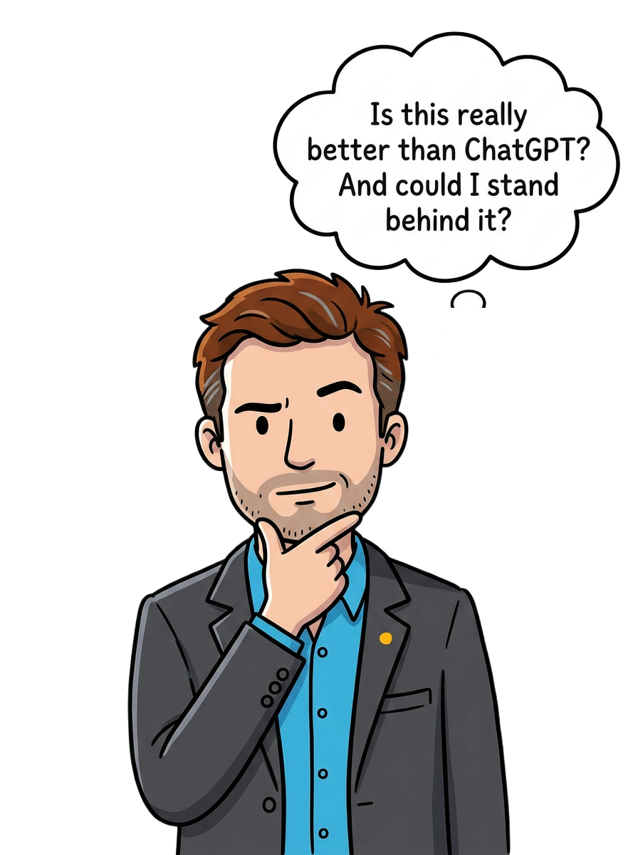 Illustration of a strategic insight manager pausing in thought, a thought bubble above him asking whether this method is really better than using ChatGPT—and whether he could stand behind it