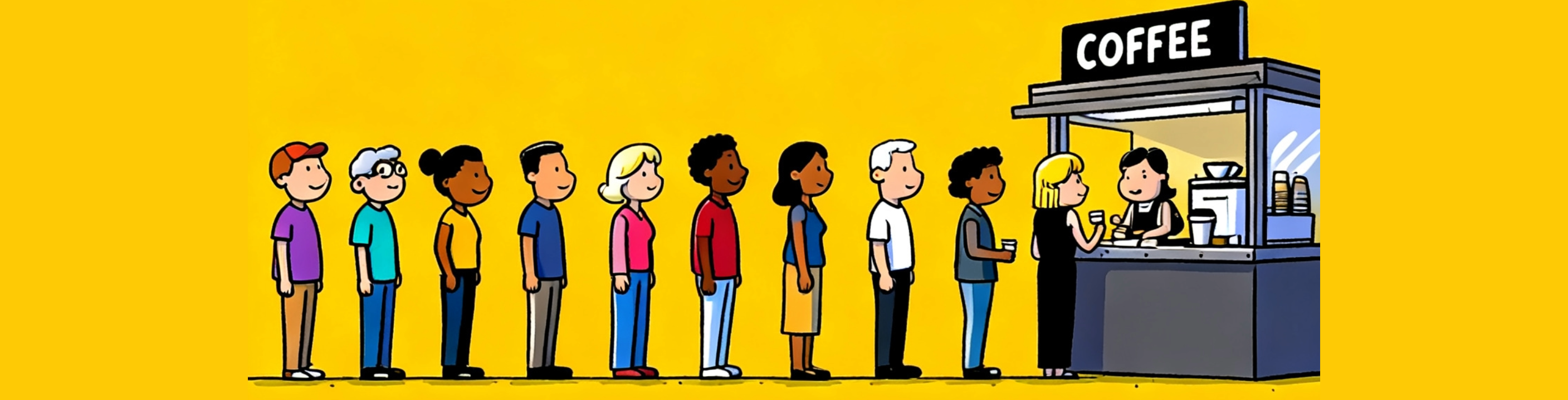A queue of cartoon customers at a coffee stand — illustrating behavioural patterns