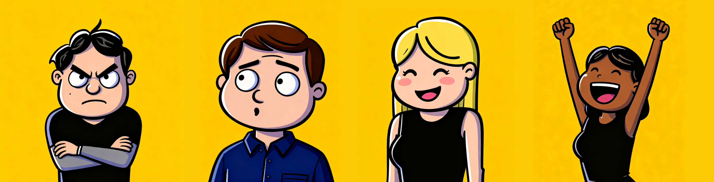 Four cartoon faces showing different emotions — illustrating attitudes and feelings